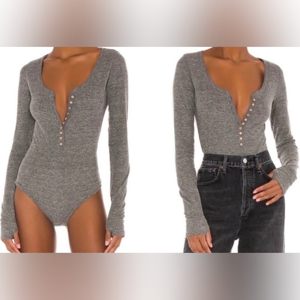 Free People Gray Fitted Bodysuit with Buttoned Detail